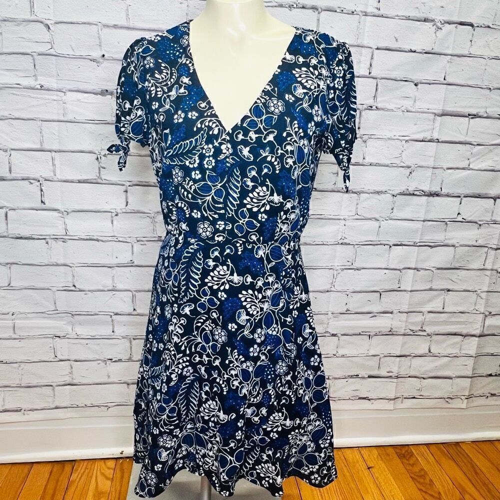 J. Crew Womens Blue Lined V-Neck Short Sleeve Faux Wrap Floral Midi Dress Size 4